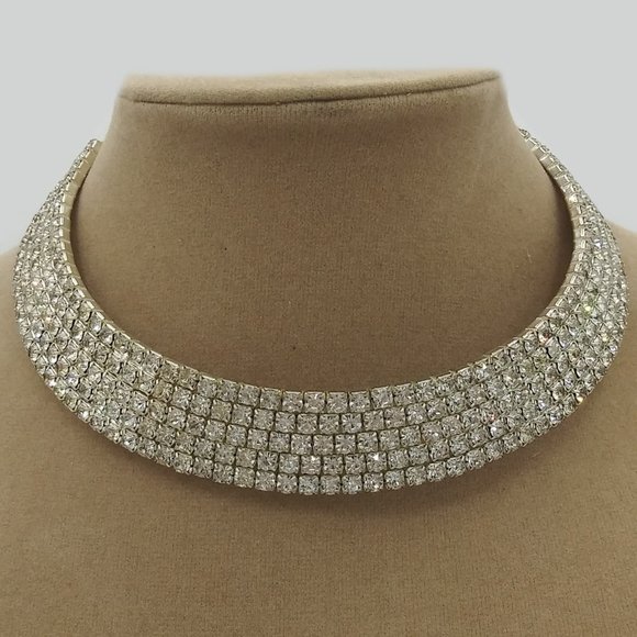 Five Row Thick Silver Tone Prong Set Rhinestone Choker Necklace 12” Plus - Picture 6 of 6